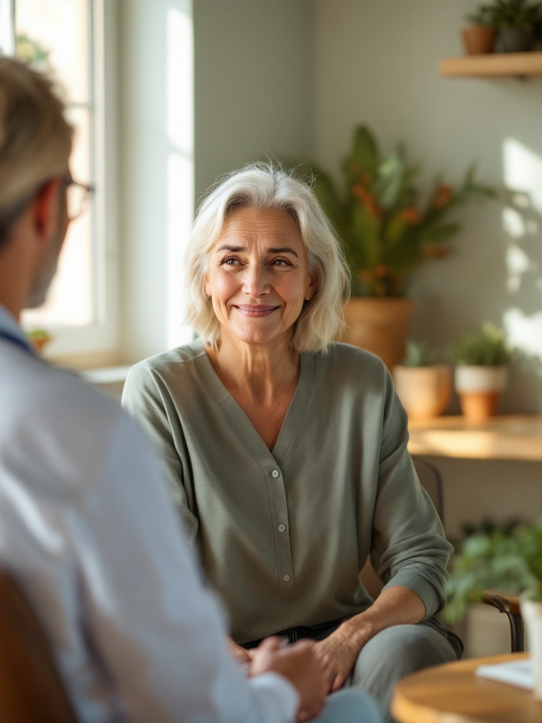 A woman in her late forties in an unhurried consultation with a physician in a warm, sunlit Phoenix clinic