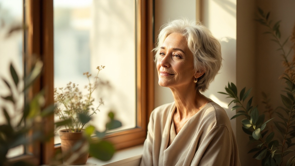 A calm woman in her early fifties by a sunlit window looking healthy and energized